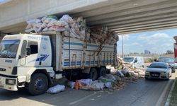 Adana'da tahta yüklü kamyon köprü altında sıkıştı