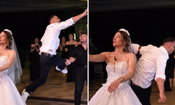Çiçeği kapmak isterken gelinin üzerine devrildi