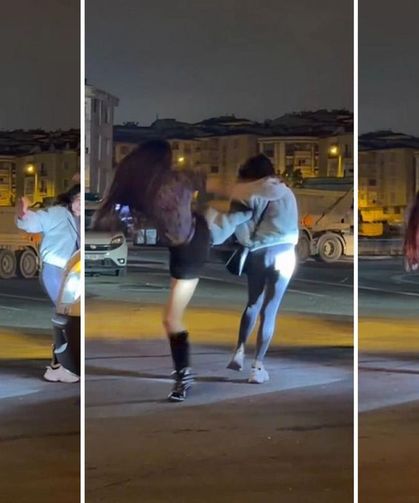 İki Kadın Sokak Ortasında Birbirine Girdi! Havaya Sıçrayıp Tekme Attı