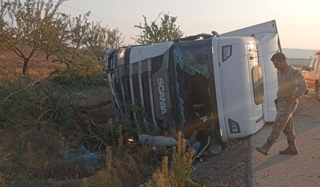 Kontrolden çıkan tır şarampole devrildi