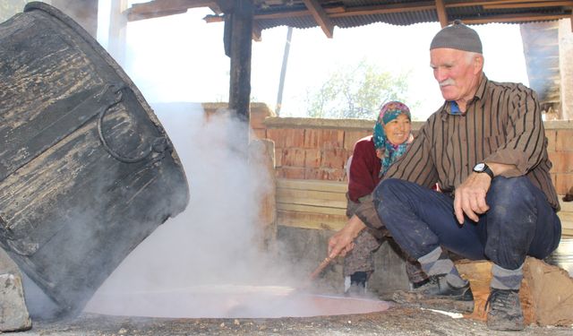 Üzüm sıkma makinesi ve pekmez kazanları kaynıyor