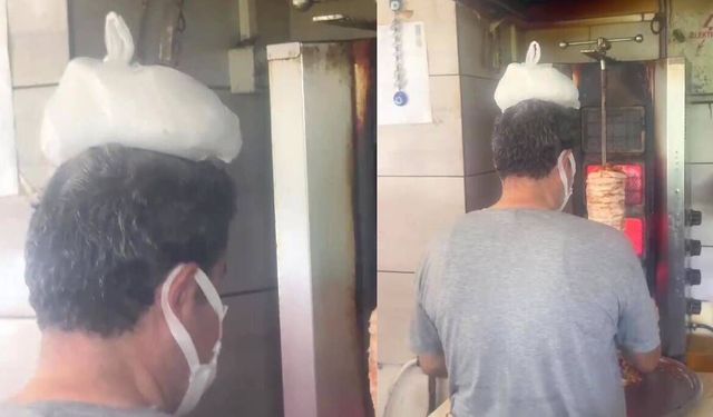 Dönerci ustası kavurucu sıcakta, ateş karşısında kafasına buz torbası koyarak serinlemeye çalıştı