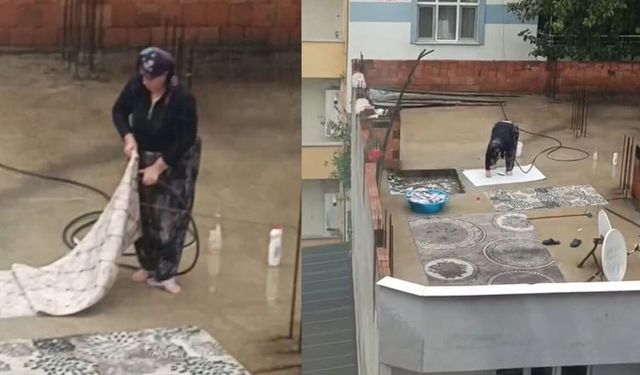 Bursa’da Yağmur Altında Çatıda Halı Yıkama Tepki Çekti