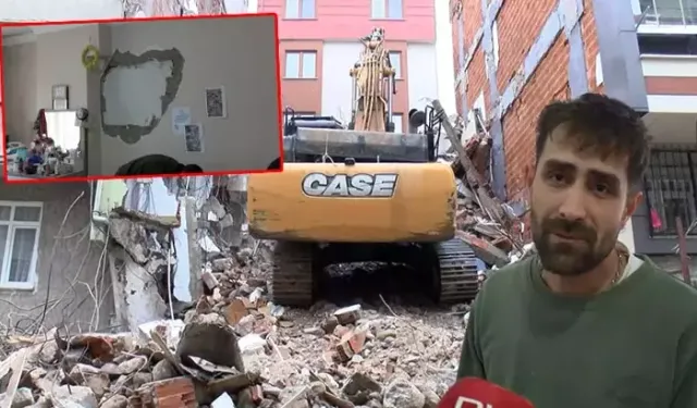 İş makinesi yıkım sırasında yandaki apartmanın duvarını yıktı: Ev sallanıyor