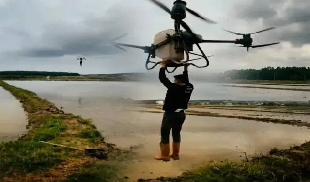 Samsun'da çiftçi, drona tutunarak tarlanın diğer tarafına geçti