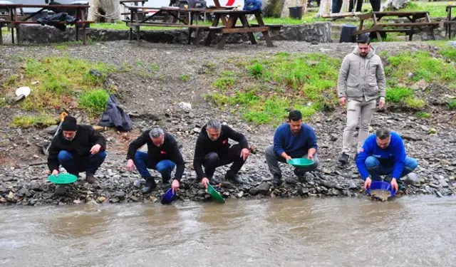 Sosyal medyada toplanan altın avcıları, yağışa rağmen derede altın aradı