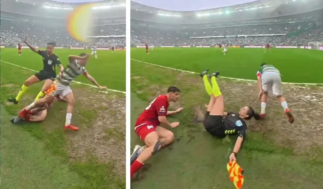 Futbolcu Hem Rakibi Hem Kadın Hakemi Yere Düşürdü