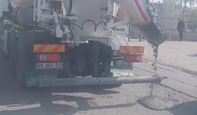 Kahramanmaraş'ta beton mikseri yola çimento dökerek ilerledi