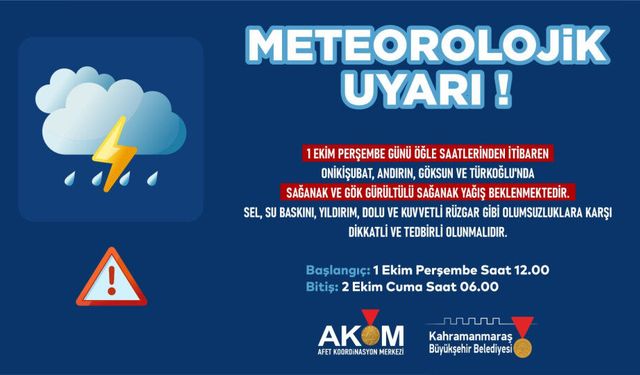 Kahramanmaraş’ta 4 ilçeye kuvvetli sağanak uyarısı