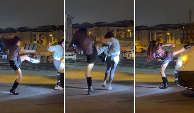 İki Kadın Sokak Ortasında Birbirine Girdi! Havaya Sıçrayıp Tekme Attı