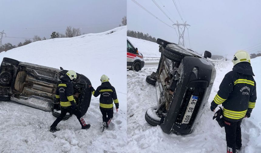 Kahramanmaraş’ta Kar Nedeniyle Kayan Araç Yan Yattı
