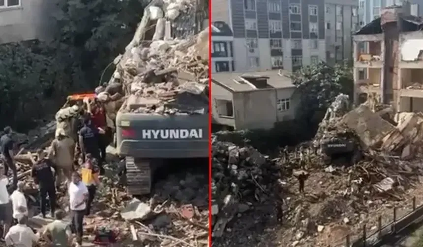 Yıkımı yapılan bina iş makinesinin üzerine çöktü