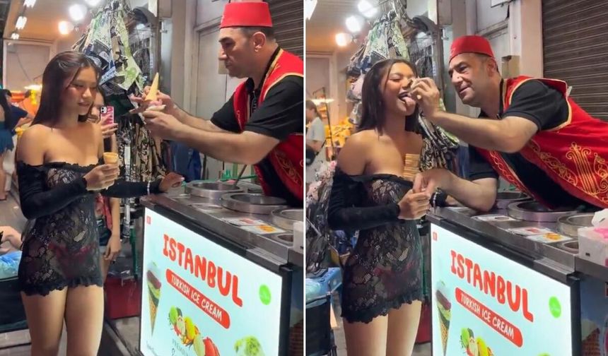 Maraş dondurmacısının turist kadına yaptığı şov tartışma yarattı
