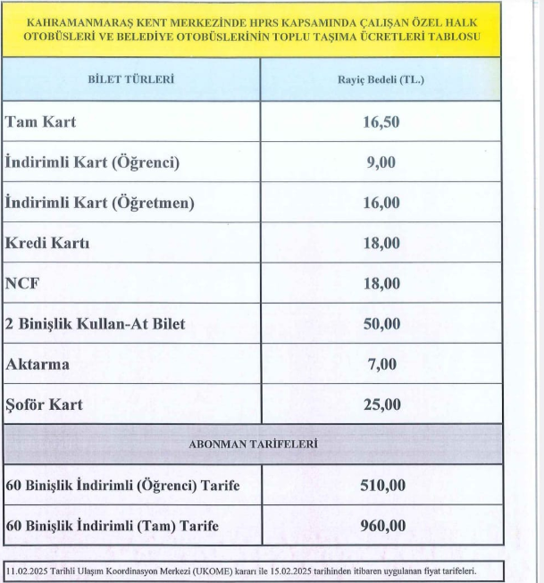 Kahramanmaraş’ta Toplu Taşımaya Zam! İşte Yeni Fiyatlar