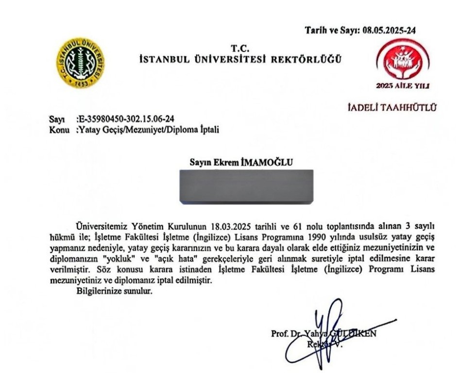 İmamoğlu’nun diplomasının iptali İstanbul Üniversitesi tarafından tebliğ edildi-1