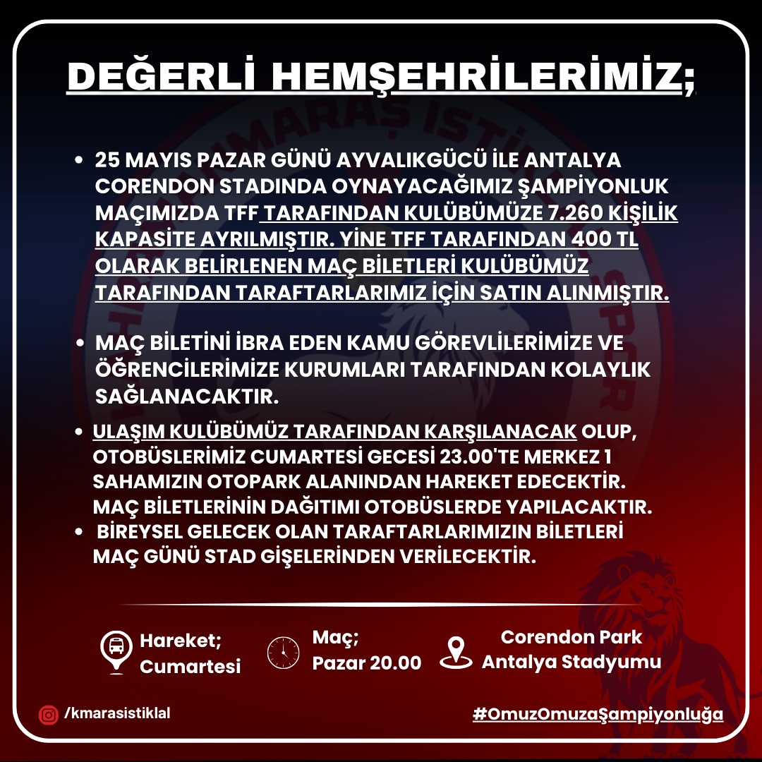 Kahramanmaraş İstiklalspor’dan Taraftara Büyük Jest Final Yolculuğu Ücretsiz!