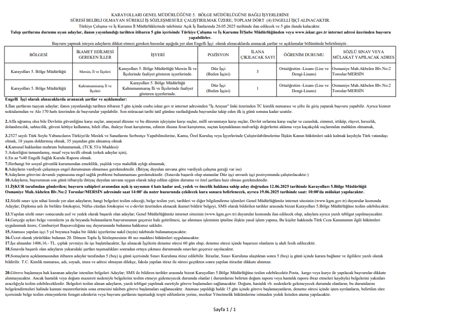 Kahramanmaraş'a Müjde! Kgm Personel Alımı Yapacak