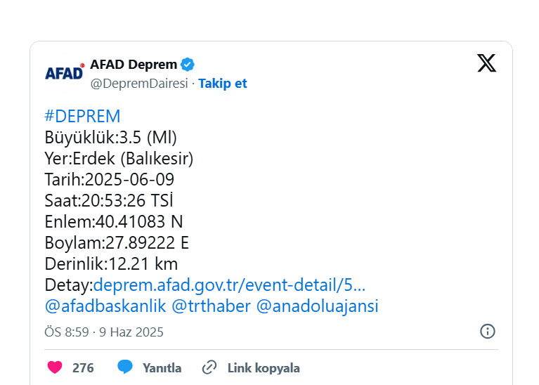 Balıkesir'de 3.5 Büyüklüğünde Deprem