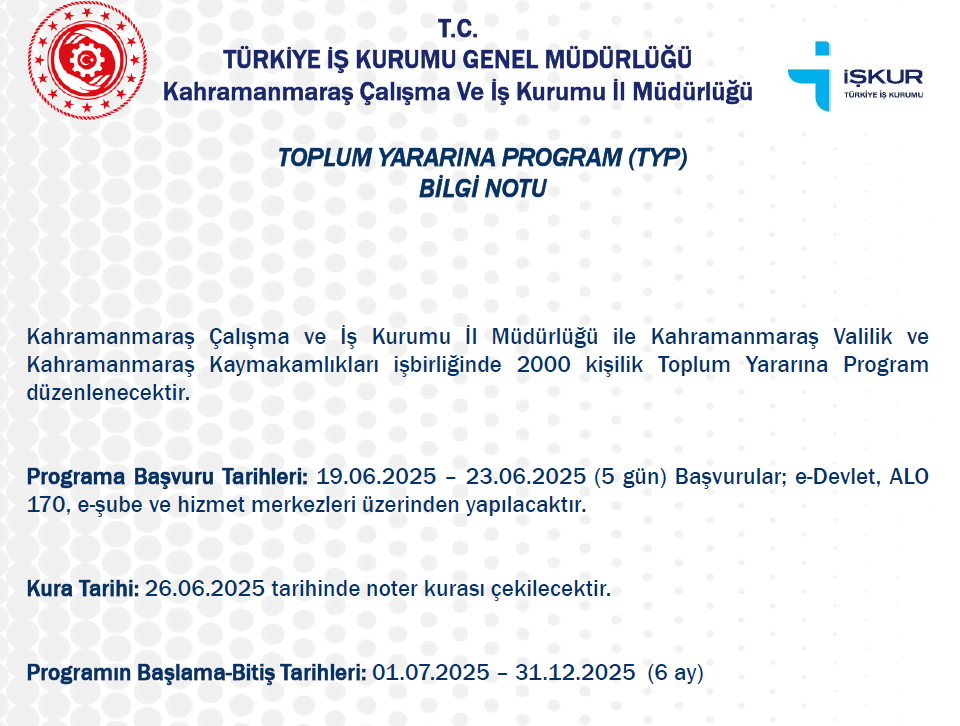 Kahramanmaraş’ta 2 Bin Kişiye Geçici İş Fırsatı Typ Başvuruları Başlıyor