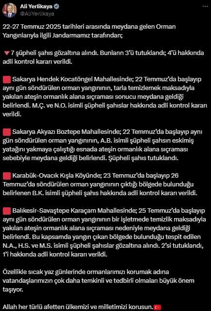 Bakan Yerlikaya Orman Yangınlarıyla Ilgili 3 Kişi Tutuklandı