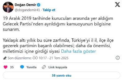 Doğan Demir Gelecek Partisi’nden İstifa Etti Neden Ve Son Durum (1)