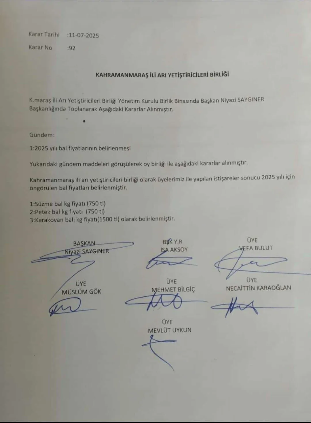 Kahramanmaraş Bal Fiyatları Açıklandı