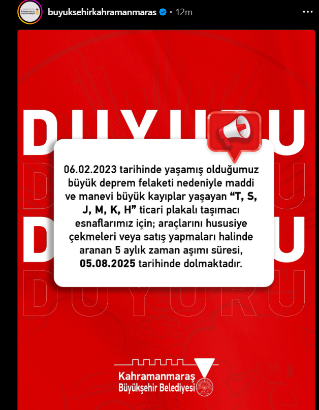 Kahramanmaraş Büyükşehir Belediyesi'nden Araç Sahiplerine Kritik Uyarı!-1