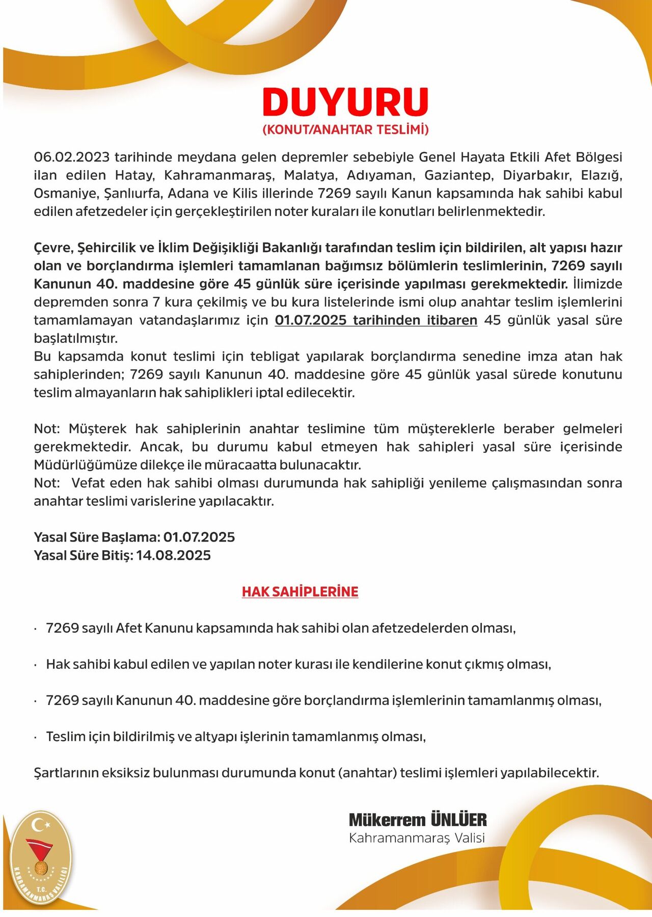 Kahramanmaraş'ta Deprem Konutlarında Hak Sahiplerine Son Uyar