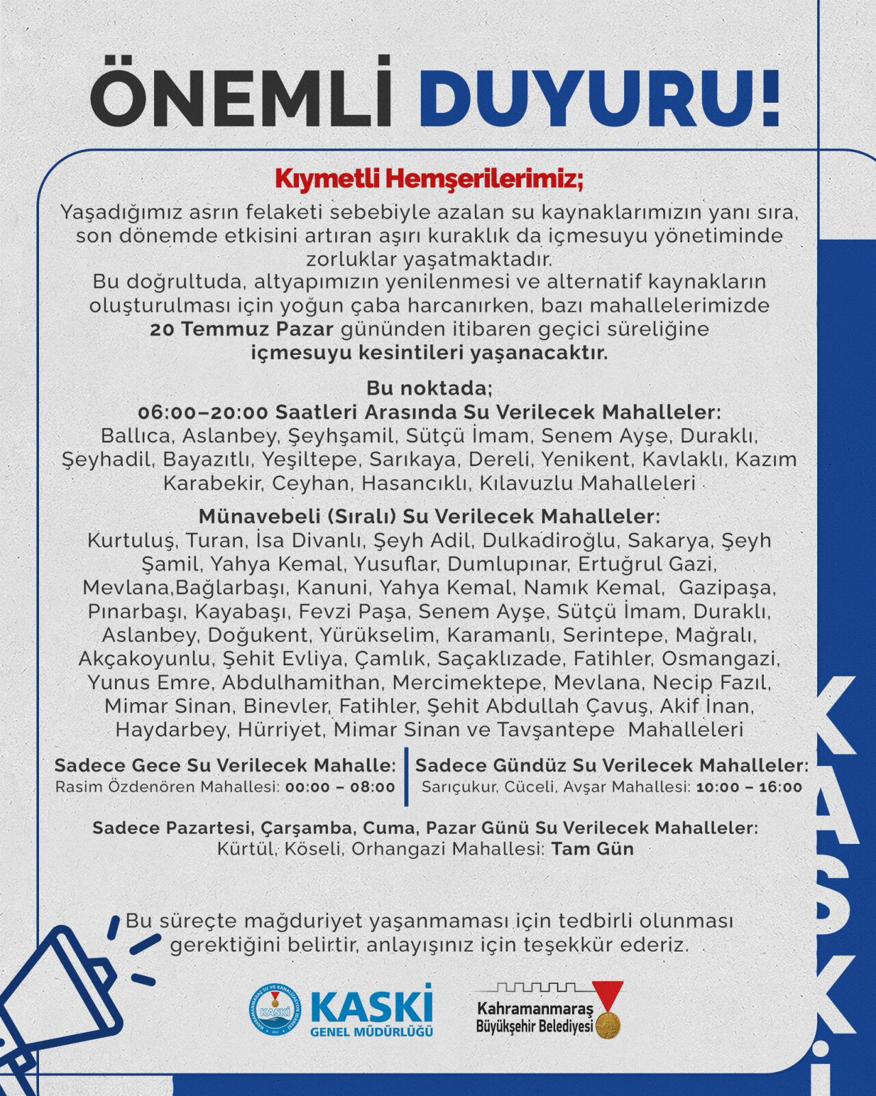 Kaski̇'den Önemli Duyuru Kahramanmaraş'ta Kuraklık Nedeniyle Su Kesintileri Başladı