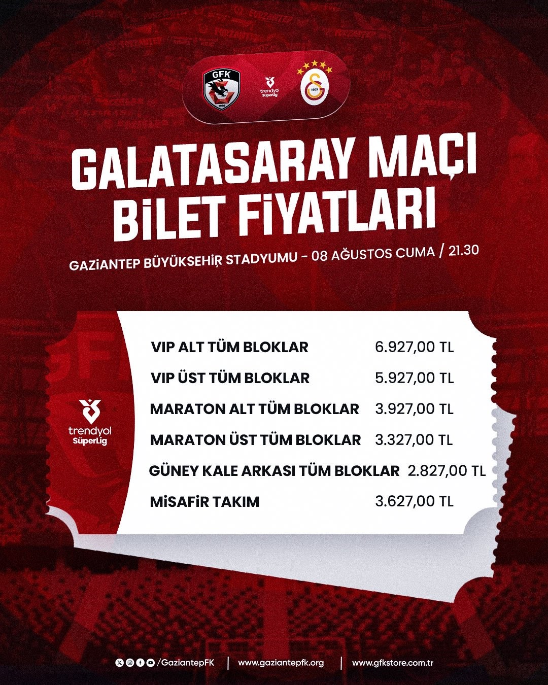 Gaziantep Fk Galatasaray Maçı Biletleri Satışa Çıkıyor