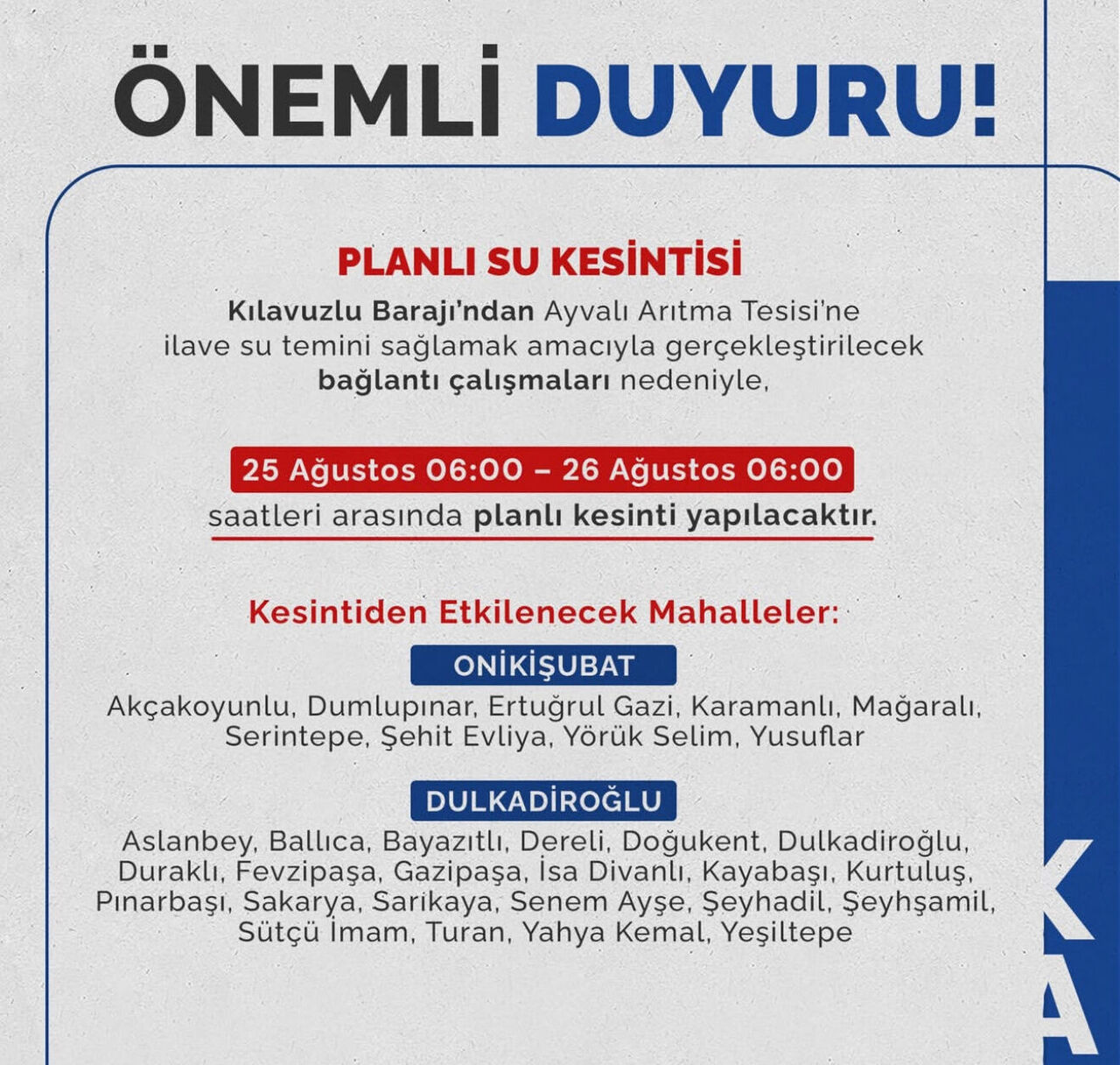 Kahramanmaraş’ta 24 Saatlik Su Kesintisi Başlıyor İşte Etkilenecek Mahalleler