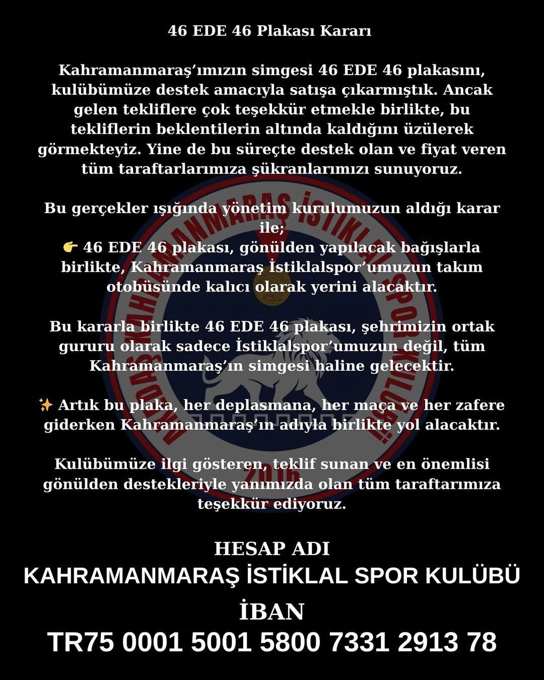 Kahramanmaraş İstiklalspor’dan 46 Ede 46 Plaka Kararı-1