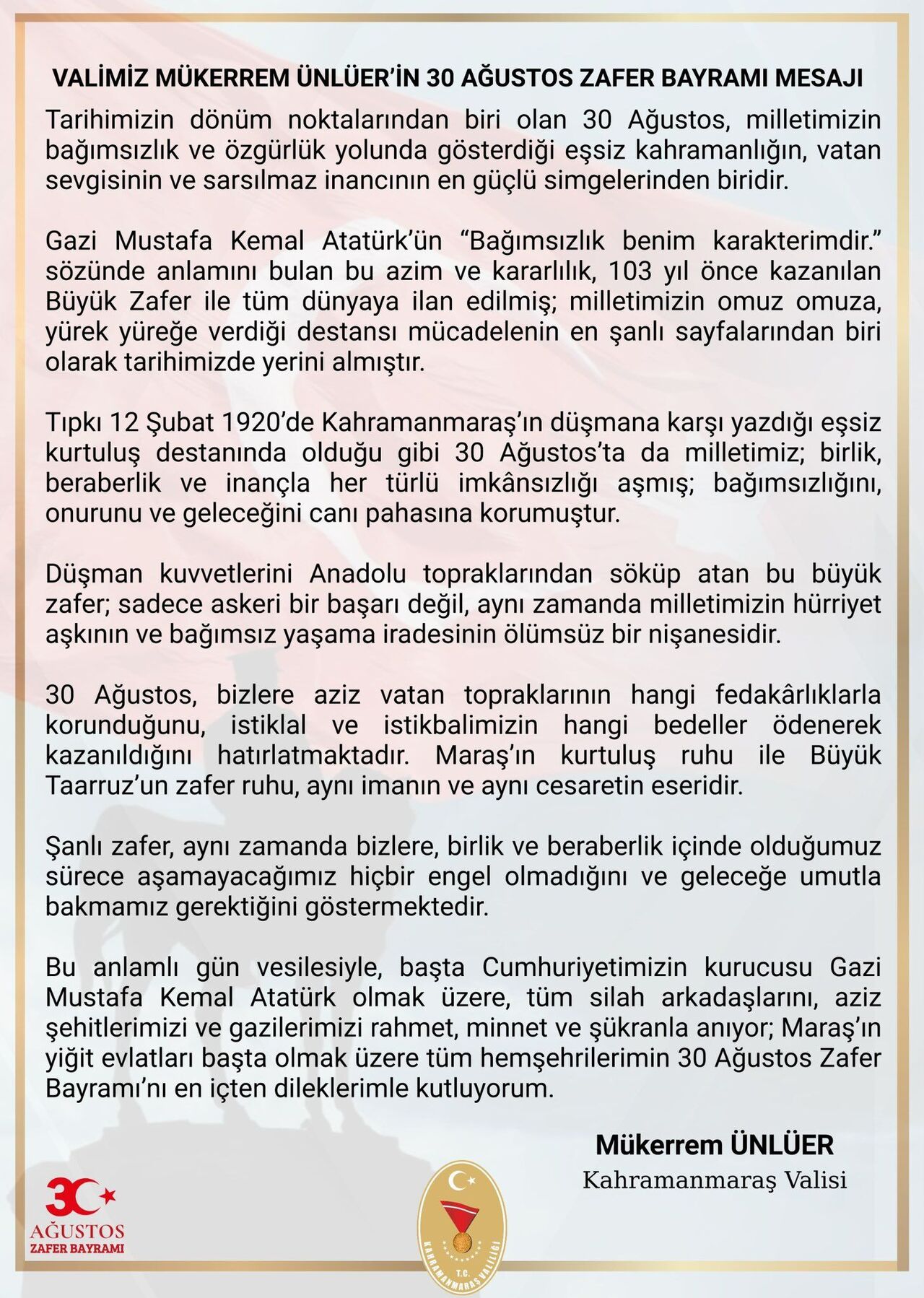 Kahramanmaraş Valisi Mükerrem Ünlüer'den 30 Ağustos Mesajı