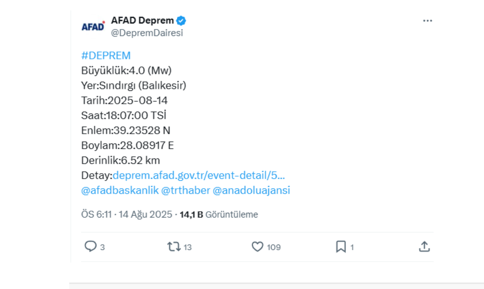 Türkiye Sallandı Sındırgı'da 4.0 Büyüklüğünde Deprem