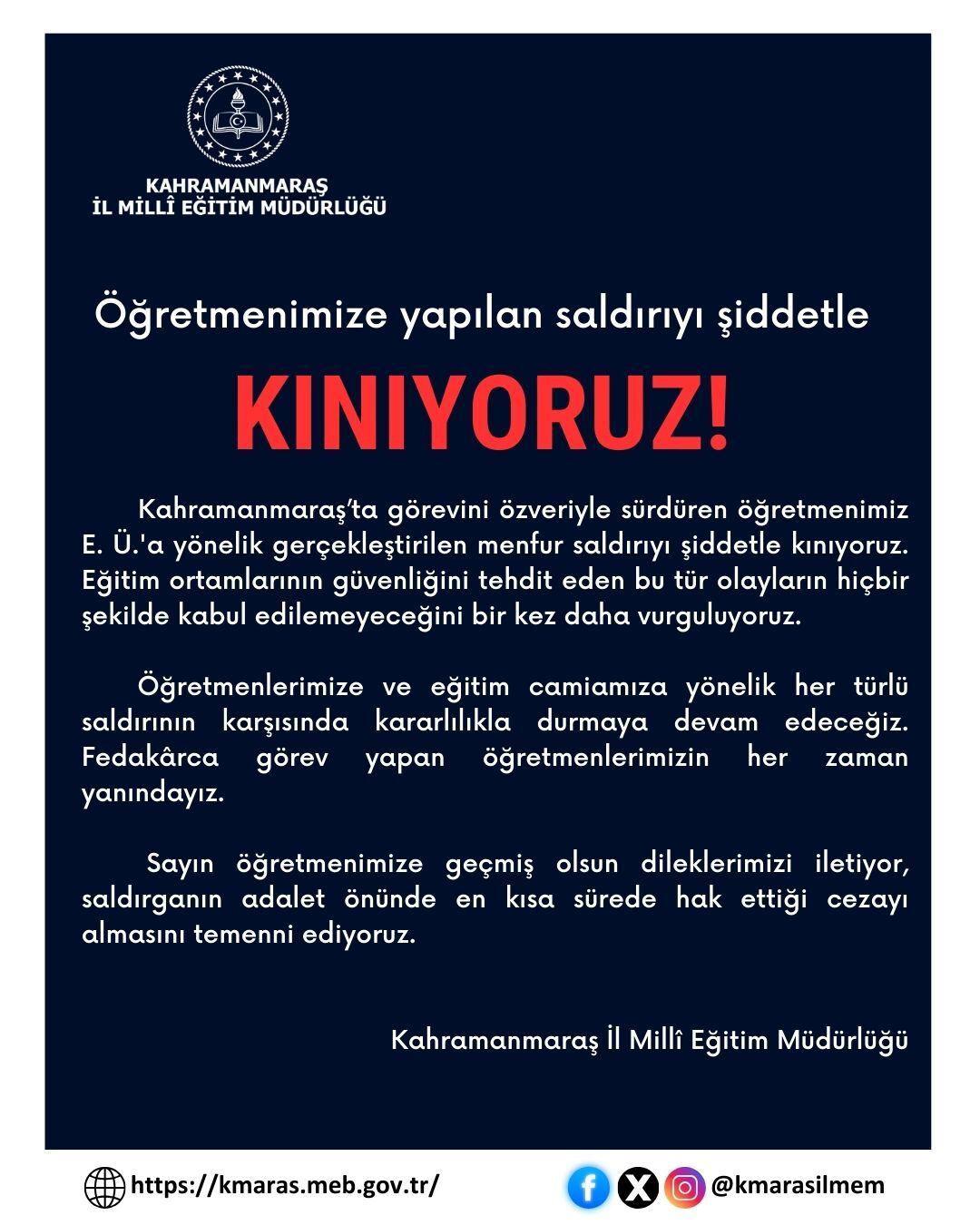 Kahramanmaraş İl Milli Eğitim’den Öğretmene Saldırıya Tepki