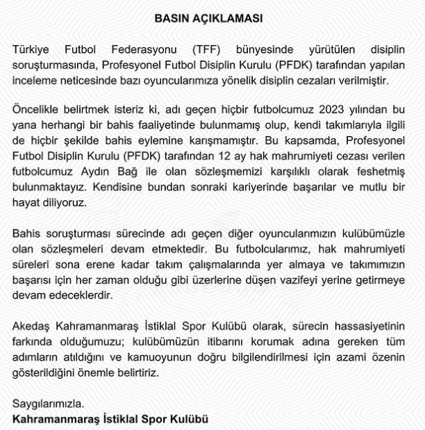 Kahramanmaraş İstiklalspor’da Bahis Iddiası Sonrası Flaş Ayrılık