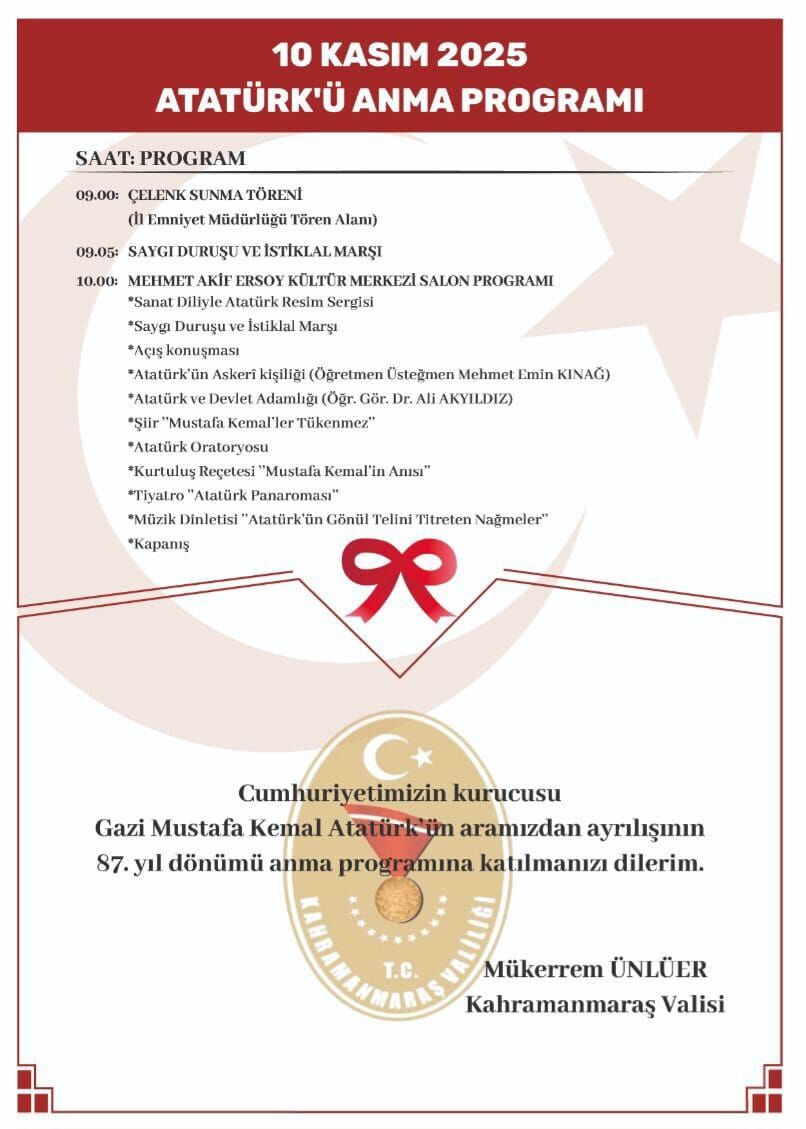 Kahramanmaraş’ta 10 Kasım Atatürk’ü Anma Programı Belli Oldu