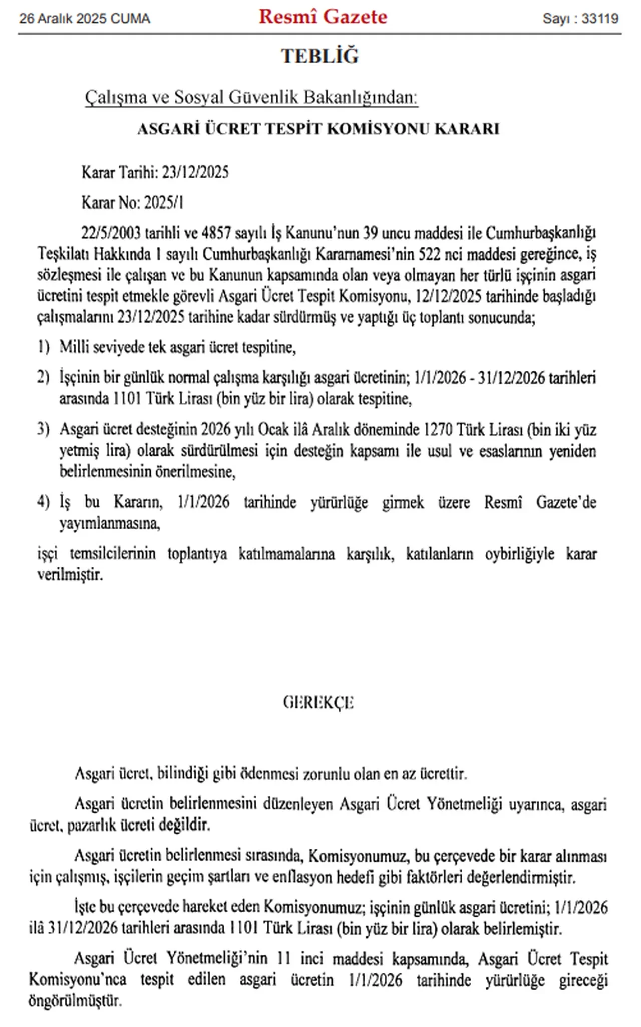 2026 Asgari Ücret Kararı Resmi Gazete'de Yayınlandı