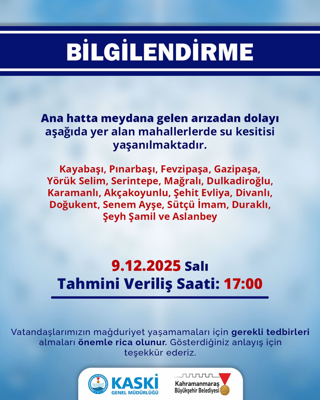 Kahramanmaraş'ın 18 mahallesinde su kesintisi yaşanacak