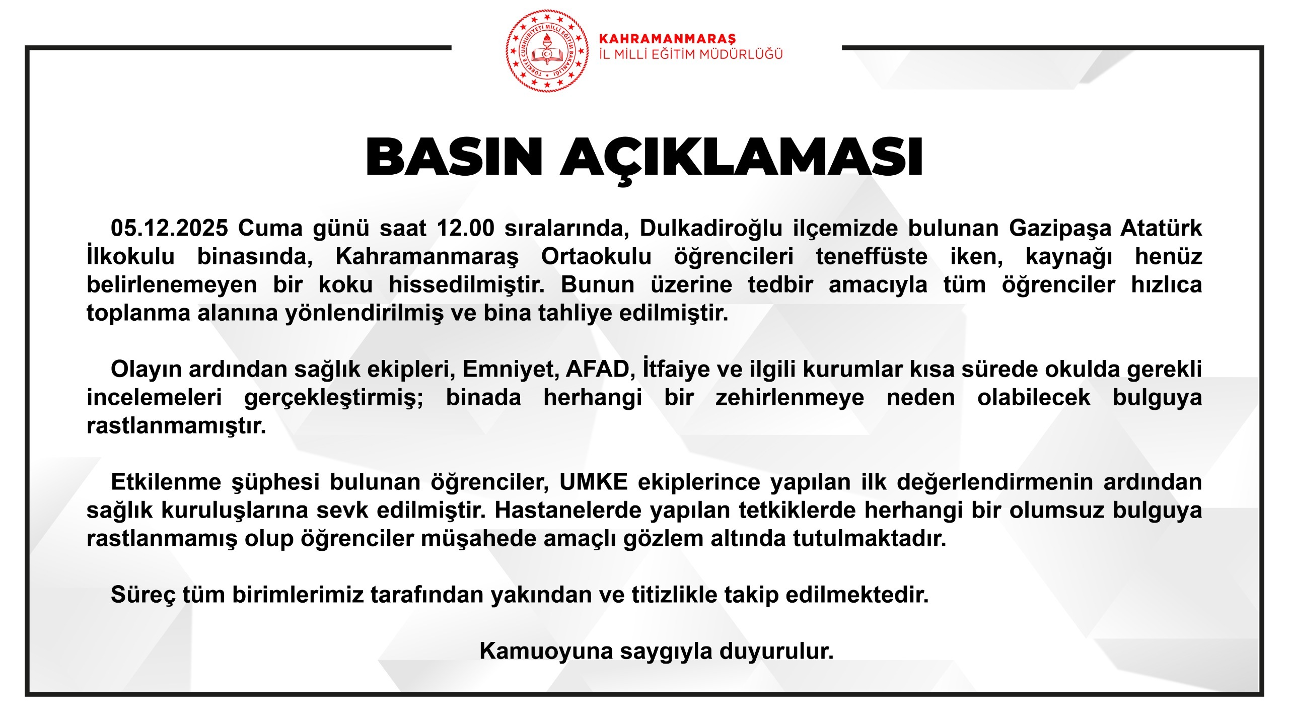 Kahramanmaraş Milli Eğitim’den Okuldaki Olayla İlgili Açıklama (1)