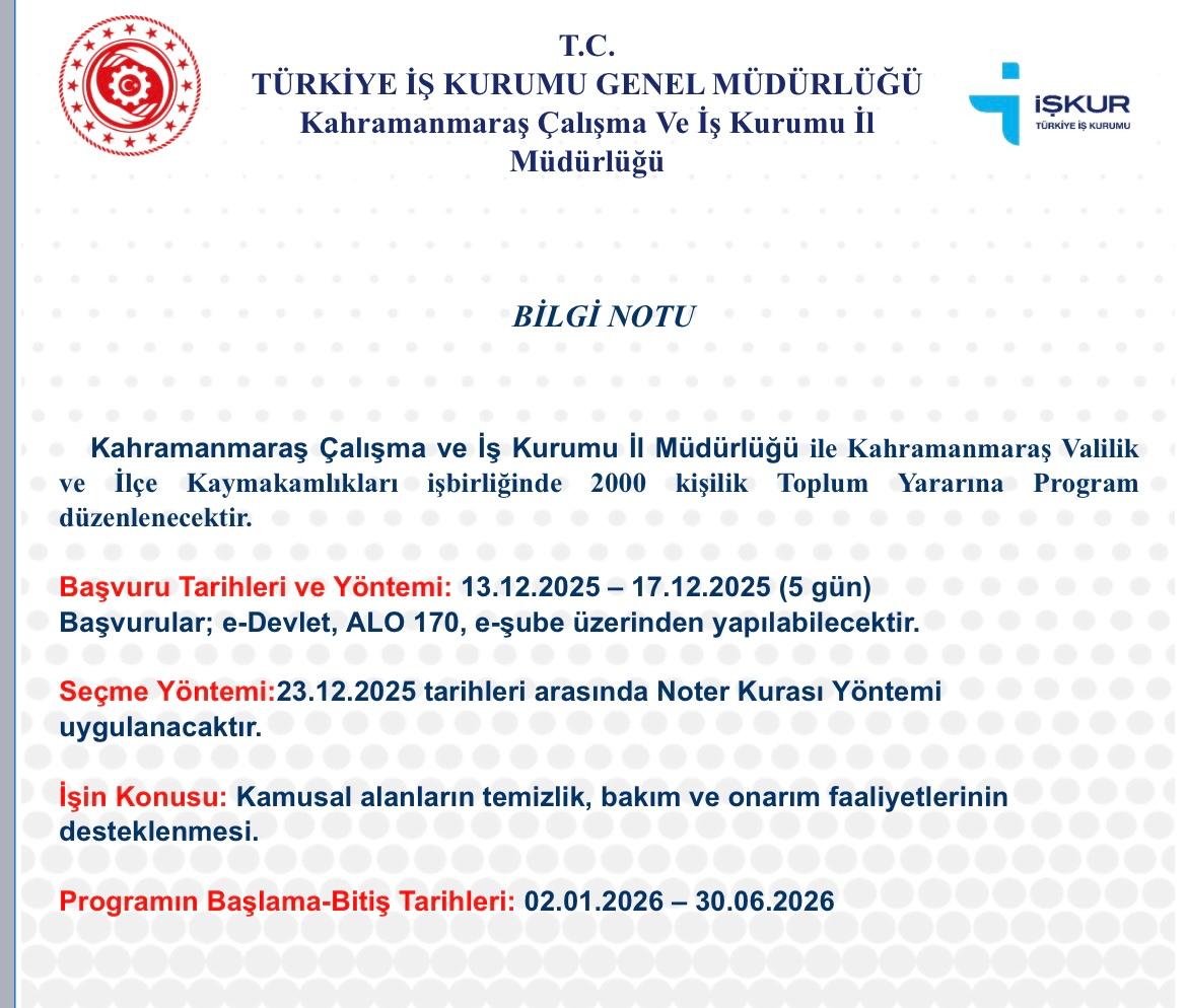 Kahramanmaraş’ta Kamusal Alanlarda Çalışacak 2.000 Kişi Alınacak-1