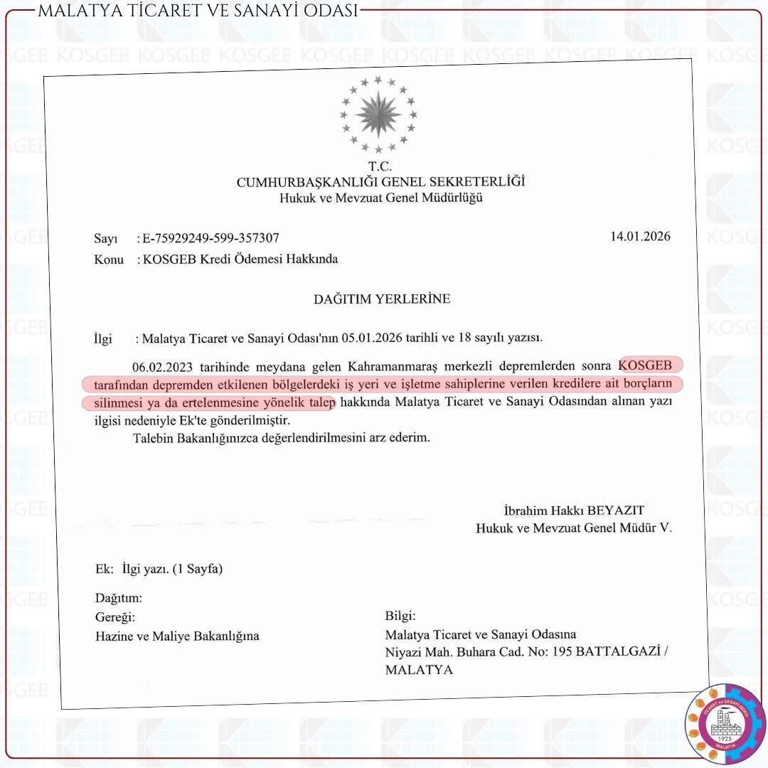 Kahramanmaraş ve deprem bölgesi için KOSGEB kredi talebi Bakanlığa sunuldu