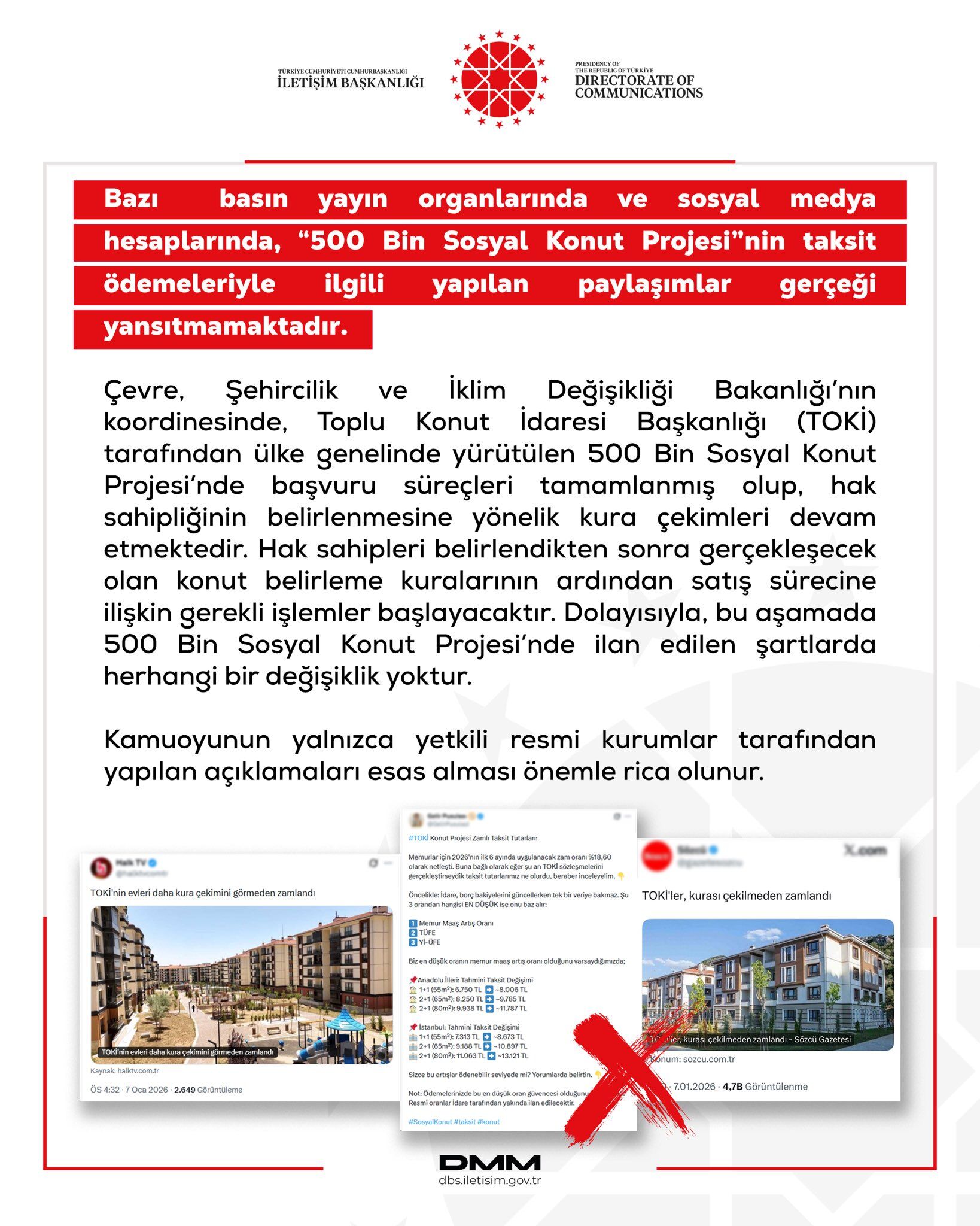 TOKİ 500 bin konut projesinde taksit zammı iddialarına DMM’den yanıt