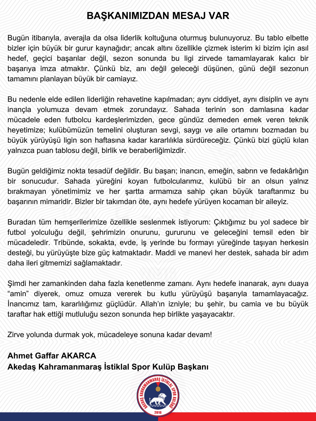 Kahramanmaraş İstiklalspor Başkanı Bu Yol Şehrin Geleceğidir