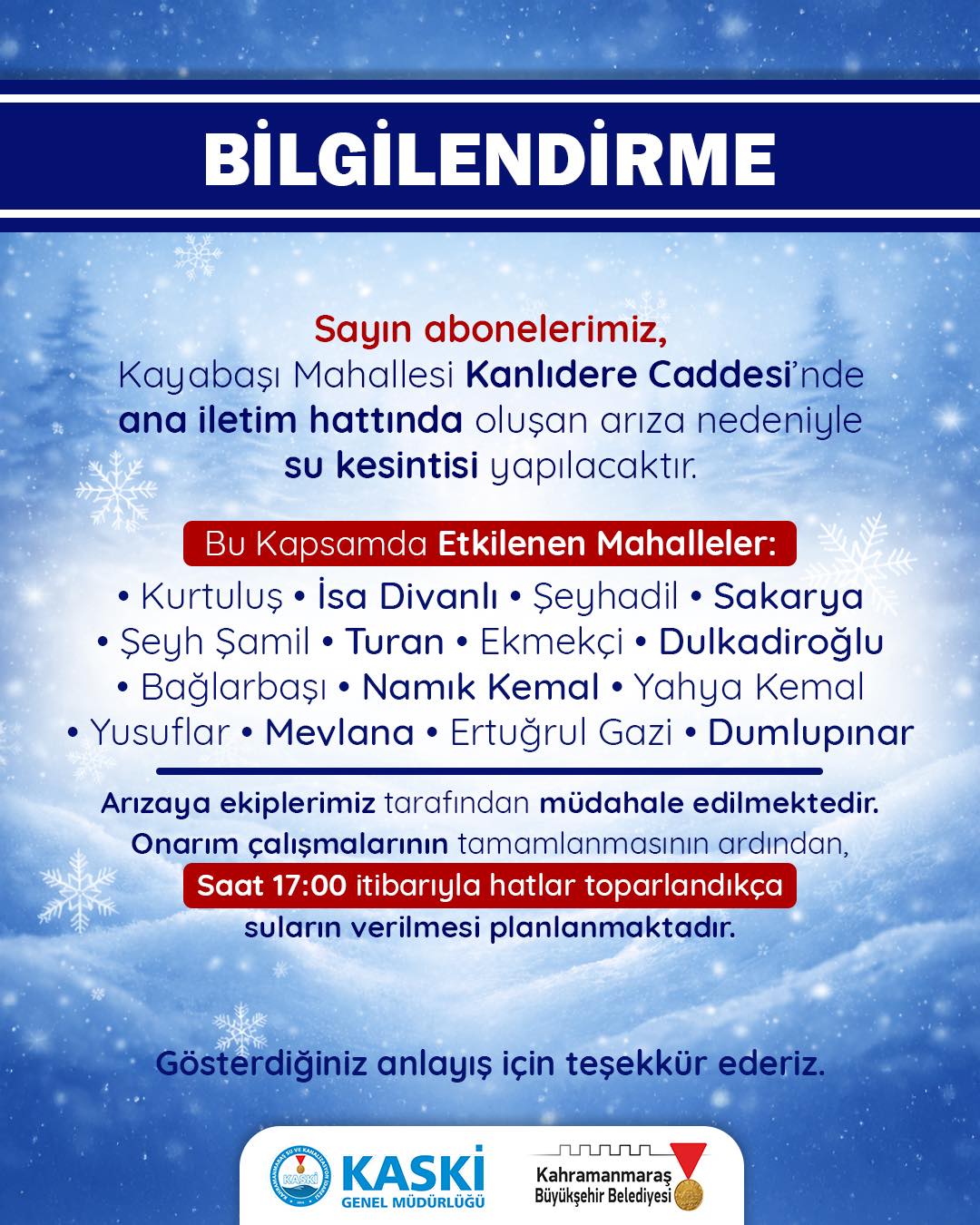 Kahramanmaraş’ta 15 Mahallede Su Kesintisi