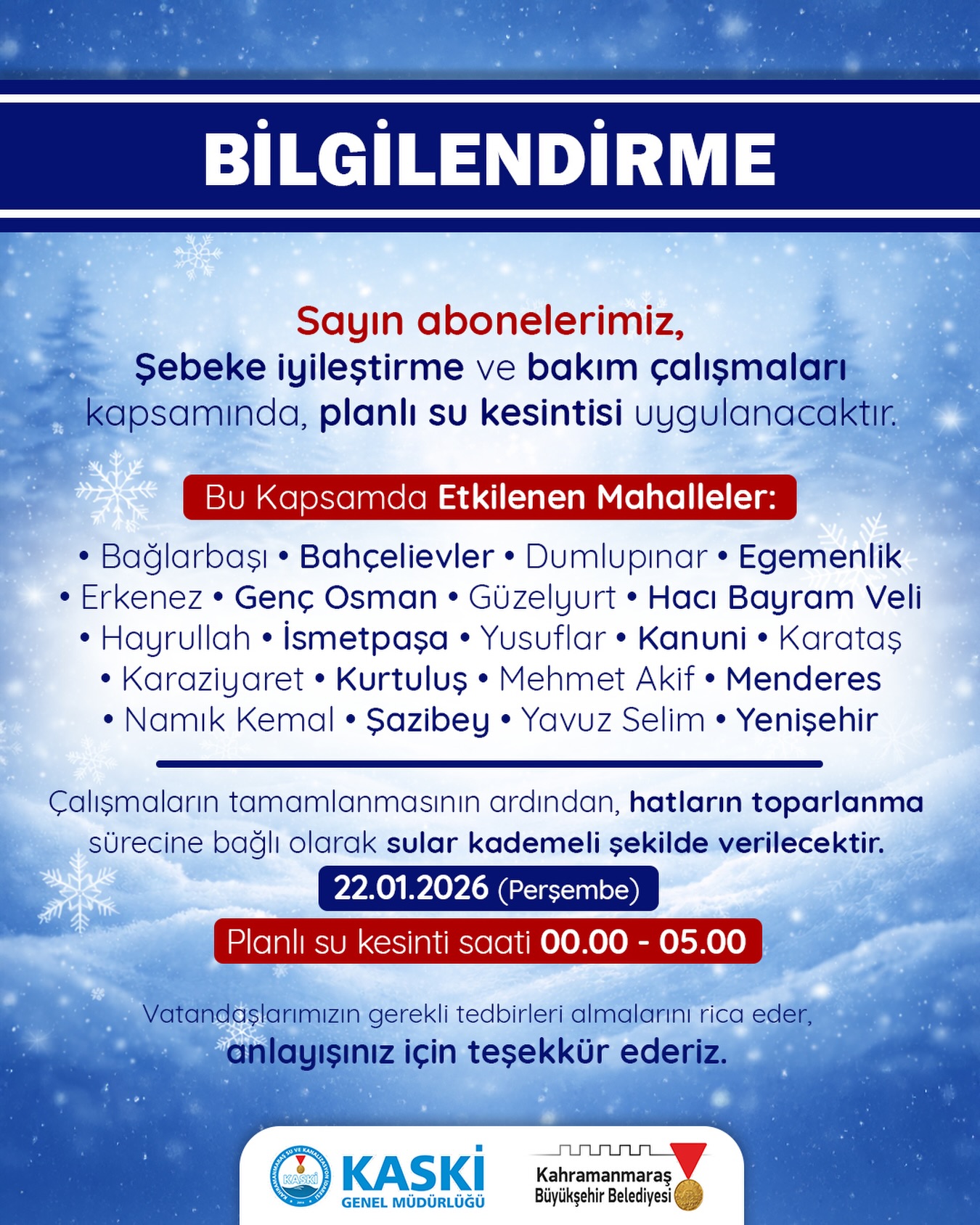 Kahramanmaraş’ta 22 Mahallede Su Kesintisi Uyarısı