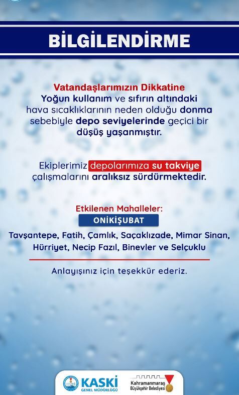 Kahramanmaraş’ta 9 Mahallede Su Kesintisi