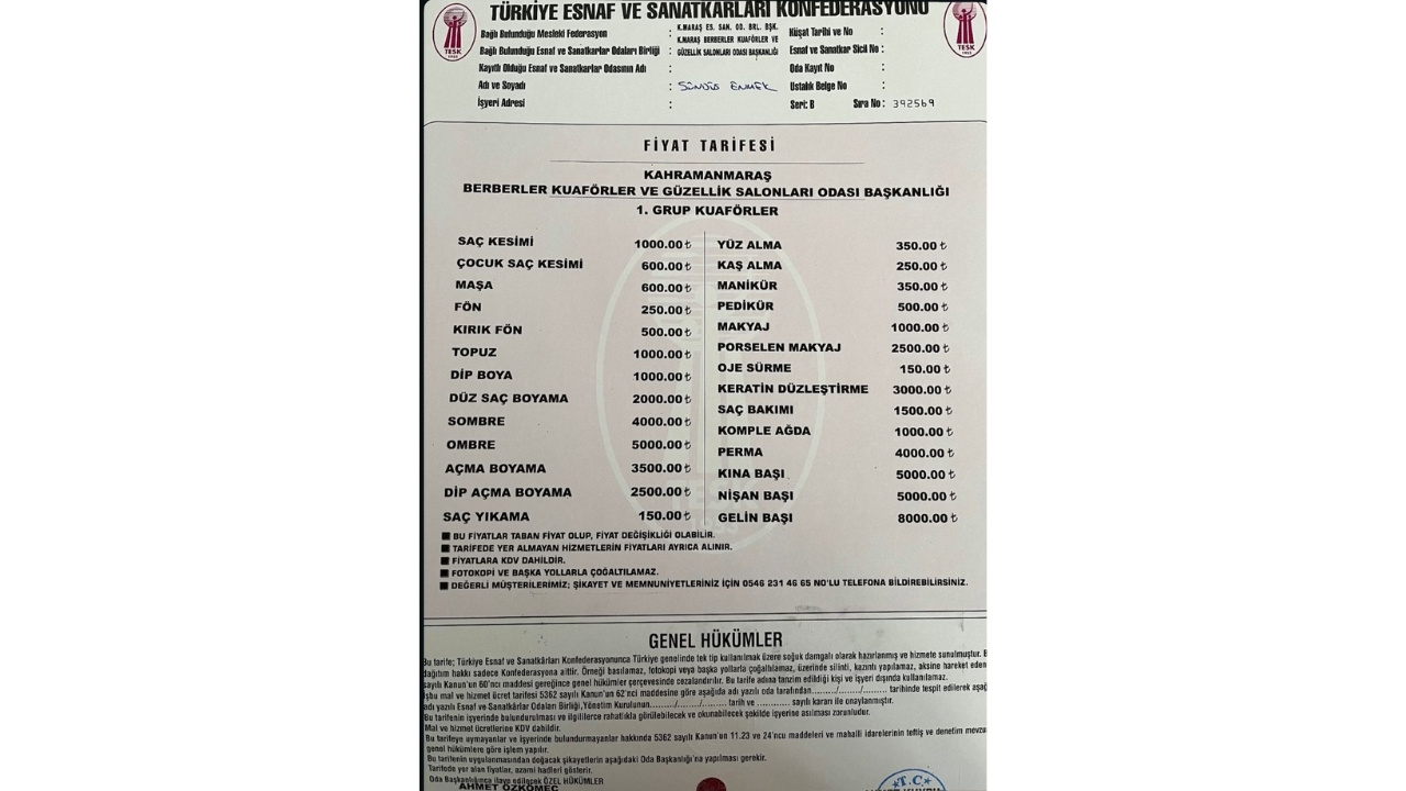 Kahramanmaraş’ta Kuaför Hizmetleri İçin Taban Fiyatlar Açıklandı (1)