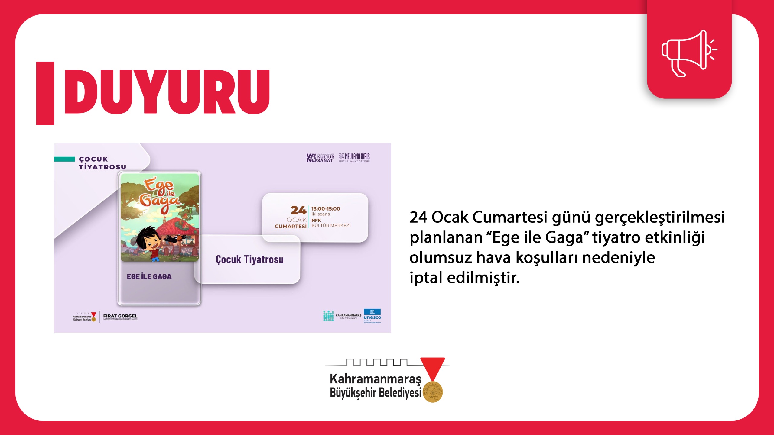 Kahramanmaraş’ta Planlanan Çocuk Oyunu Iptal Edildi