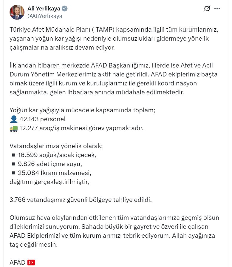 Kar Yağışında 3 Bin 766 Kişi Tahliye Edildi Bakan Yerlikaya’dan Açıklama